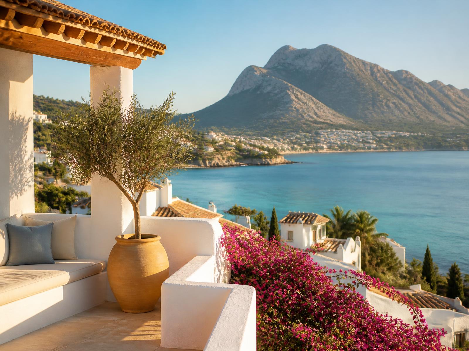 View over Jávea's coastline and Montgó from a Mediterranean villa terrace