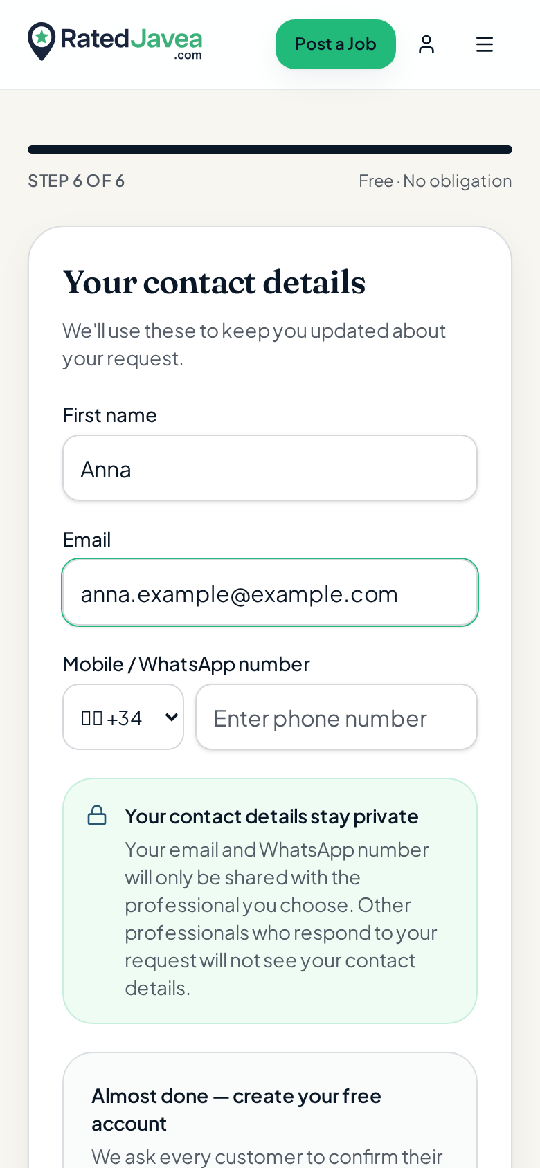 RatedJavea contact step showing the name, email and phone fields with the privacy reassurance panel underneath.