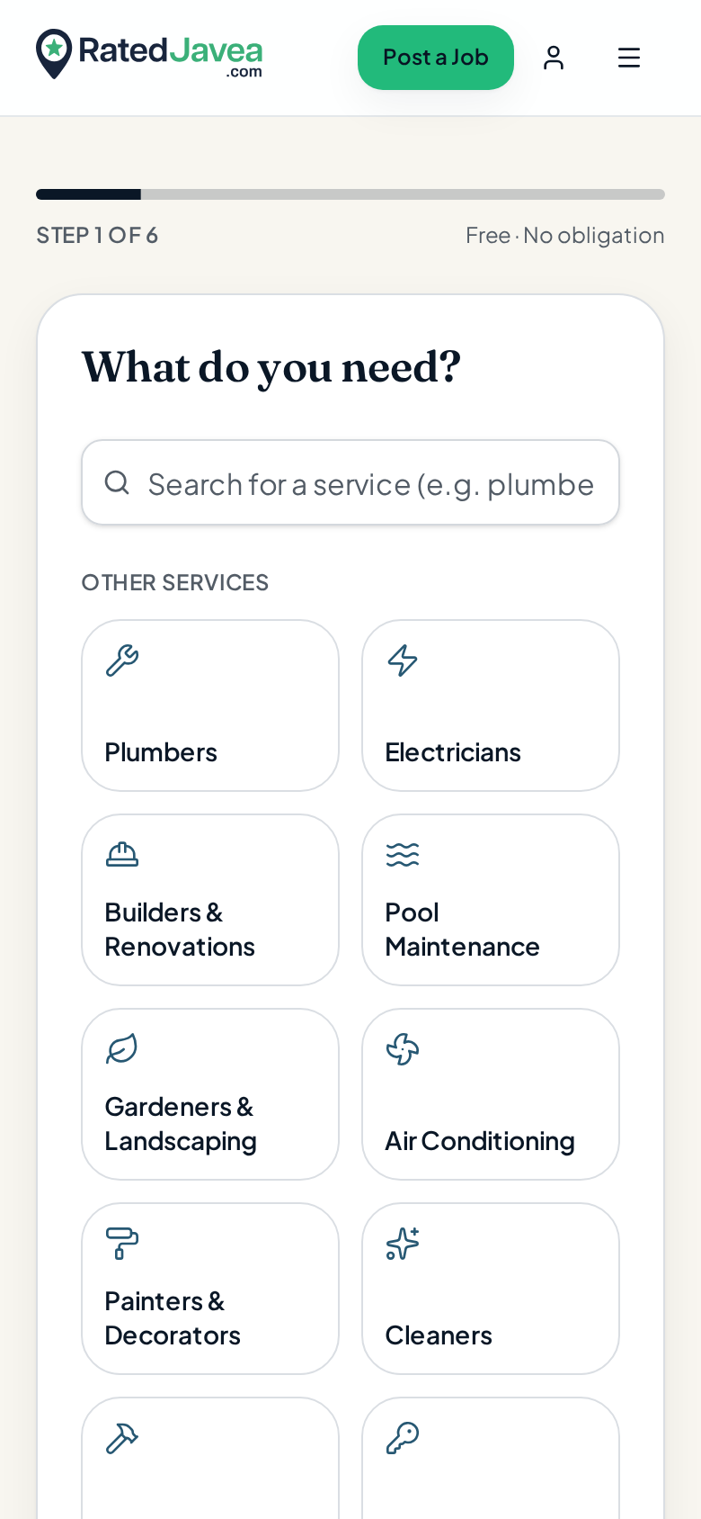 RatedJavea post a request form on a phone, showing the service category step.