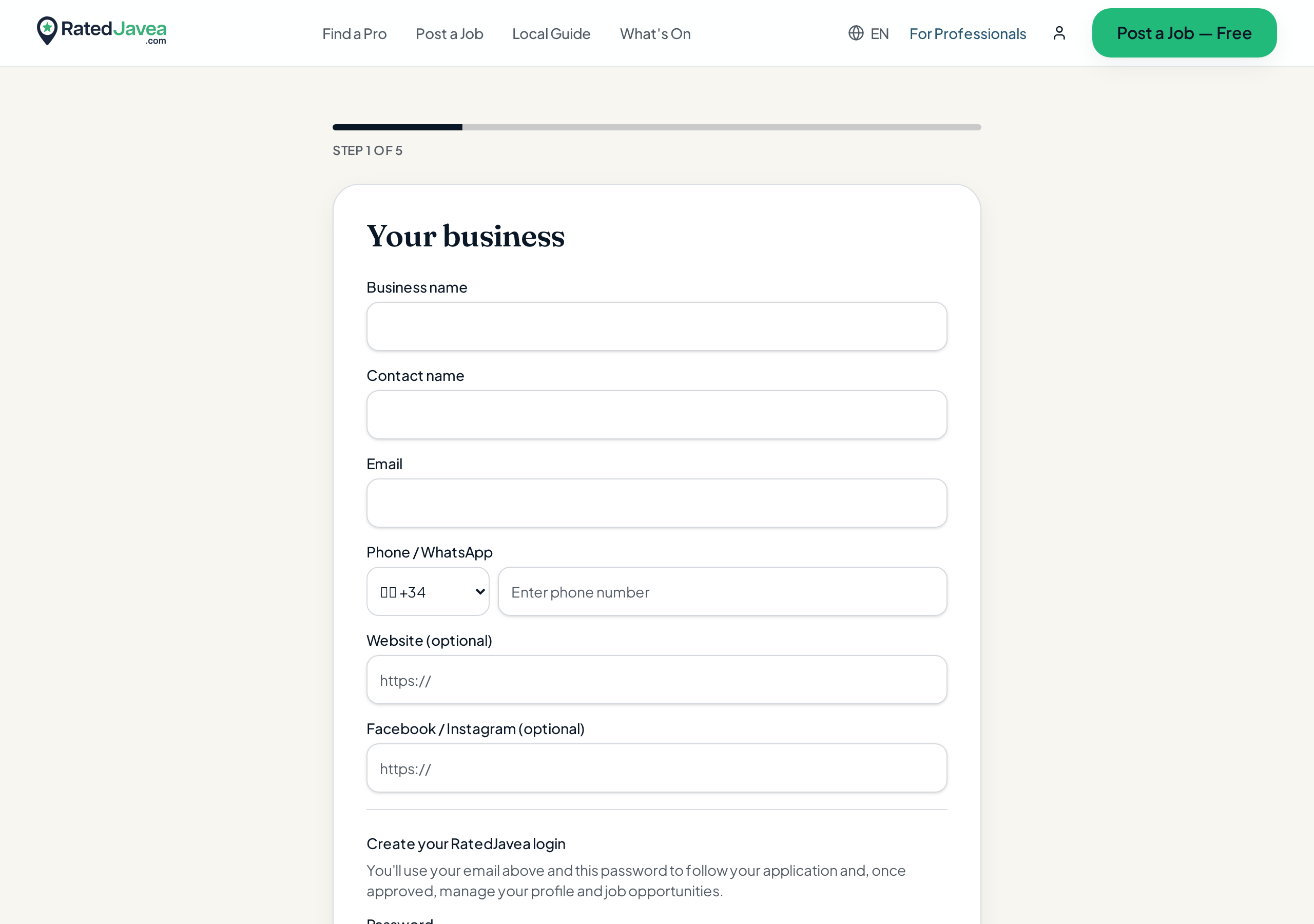 RatedJavea professional application form showing the business details fields.